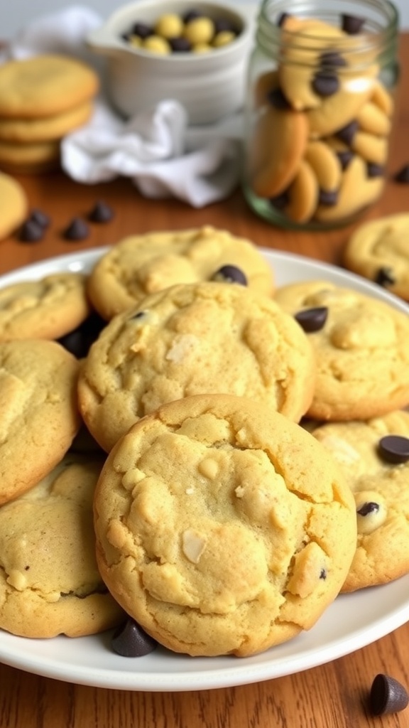 Plate of soft and chewy 3-ingredient cookies with chocolate chips in a cozy kitchen.